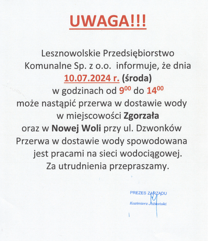 Komunikat tekstowy na temat przerwy w dostawie wody.