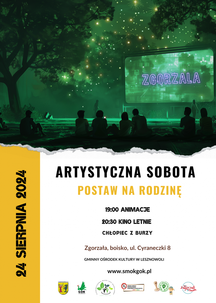 Plakat Artystyczna sobota. Osoby siedzą w parku na kocach i oglądają kino pod chmurką.