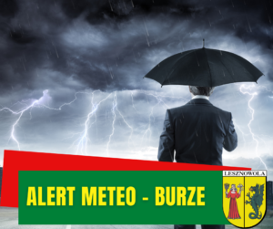 Mężczyzna w garniturze stoi tyłem do widz nad głową trzyma parasol, w tle burzowe, prawie czarne niebo i błyskawice. Na dole na zielonym pasku napis: ALERT METAEO - BURZE! obok herb Gminy Lesznowola