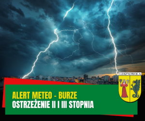 Żółty napis "Alert meteo - burze" i biały napis "Ostrzeżenie II i III stopnia" na zielonym pasku. W tle widać burze nad miastem.