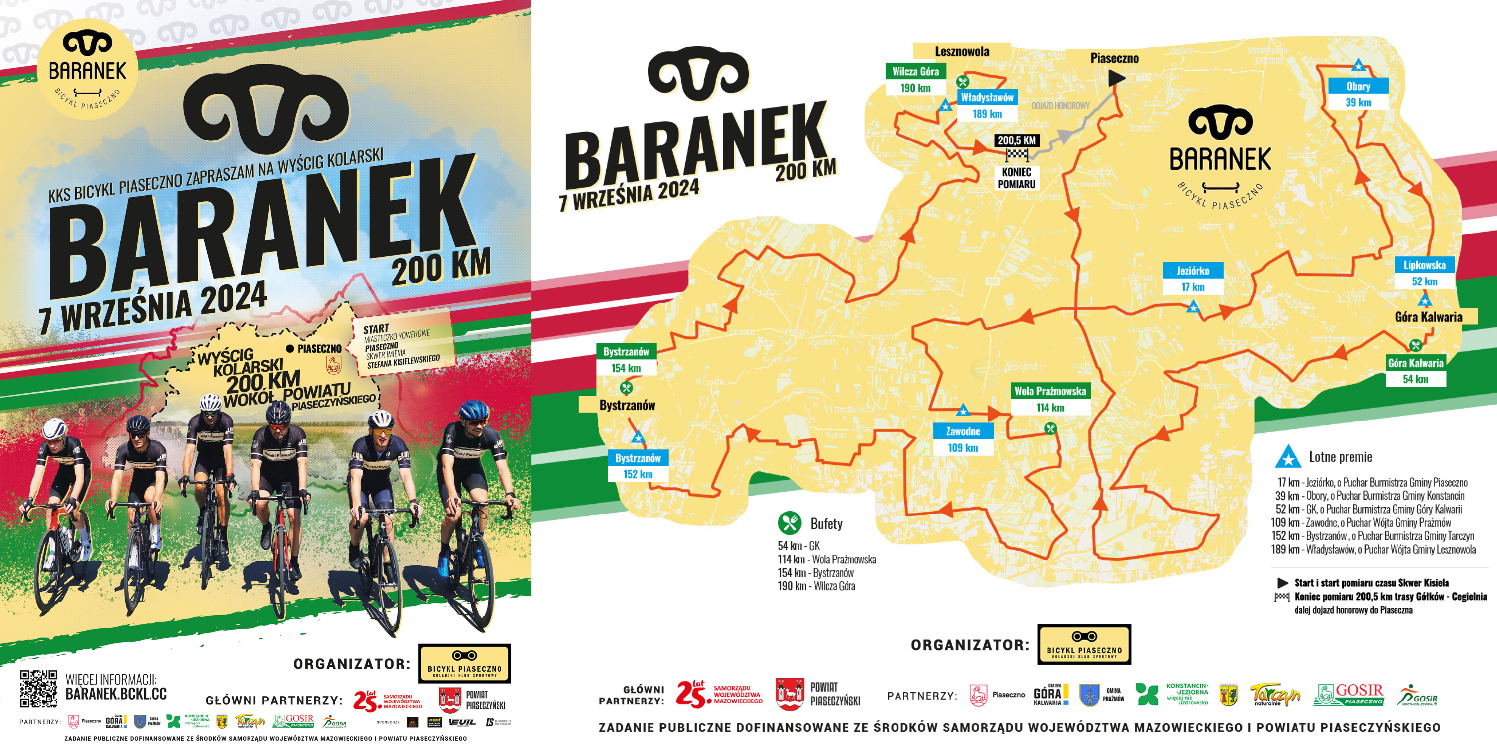 Plakat promujący wyścig kolarski przez teren powiatu piaseczyńskiego+trasa