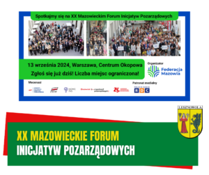 Żółty napis "XX Mazowieckie Forum" i biały napis "Inicjatyw Pozarządowych" na zielonym pasku.