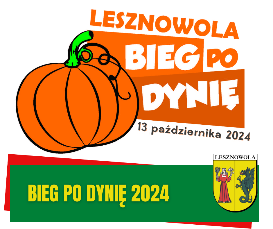 Żółty napis Bieg po Dynię 2024 na zielonym pasku.