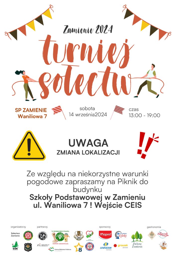 Plakat informujący o zmianie lokalizacji Turnieju sołectw w Zamieniu