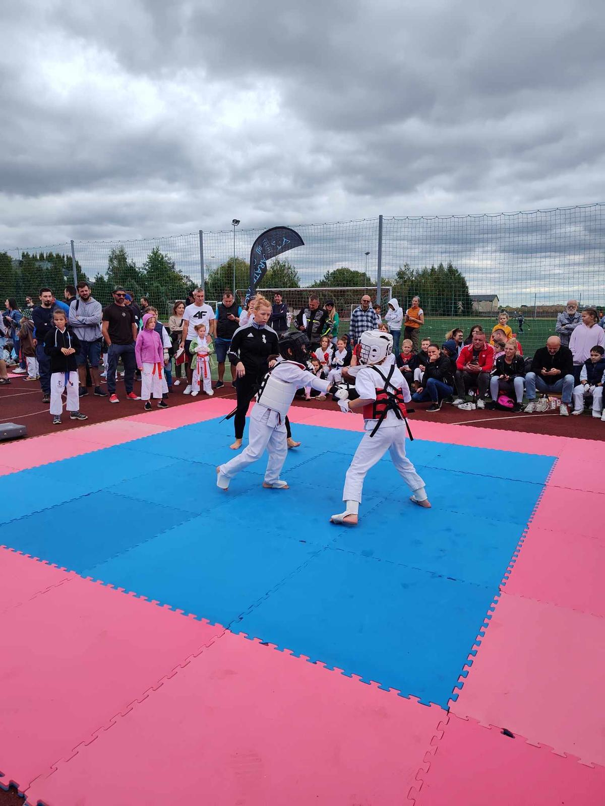 Zawodnicy w specjalnych strojach walczą na macie.