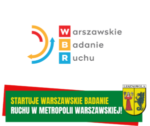 Żółty napis "Startuje Warszawskie Badanie" i biały napis "Ruchu w metropolii warszawskiej!" na zielonym pasku.
