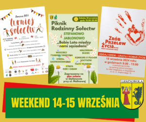 Żółty napis "Weekend 14-15 września" na zielonym pasku. W tle trzy plakaty.