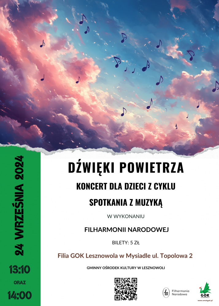 Plakat - Dźwięki Powietrza. W tle niebo i lecące nutki.