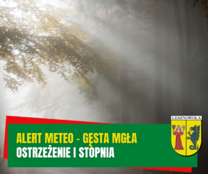 Żółty napis "Alert meteo - gęsta mgła" i biały napis "ostrzeżenie I stopnia" na zielonym pasku. W tle las pokryty mgłą.