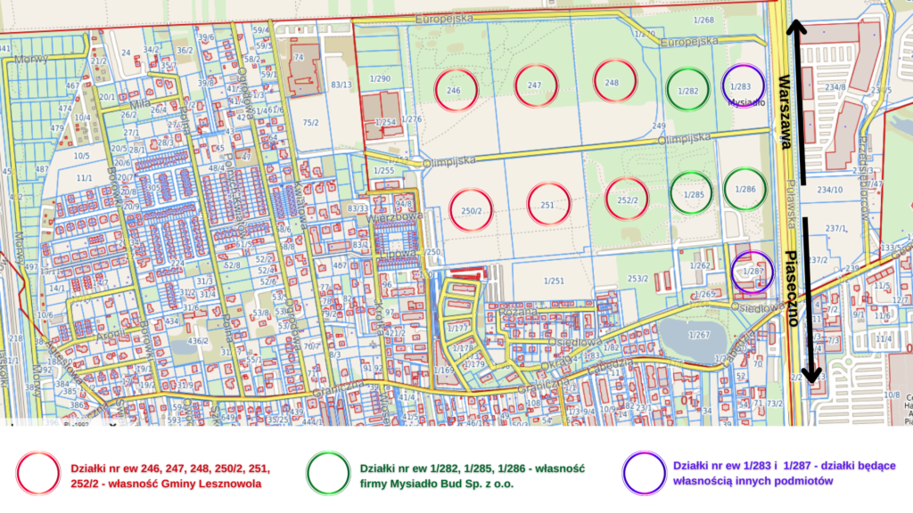 Mapa obrębu geodezyjnego KPG Mysiadło przedstawiająca, które działki w obrębie KPGO Mysiadło są własnością gminy Lesznowola, a które należą do innych podmiotów.