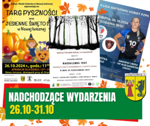 plakaty wydarzeń. Na zielonym pasku napis NADCHODZĄCE WYDARZENIA 26.10.-31.10.