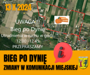 Mapka z zaznaczoną trasą biegu po dynię, na dole pomarańczowy pasek z napisem BIEG PO DYNIĘ ZMIANY W KOMUNIKACJI MIEJSKIEJ
