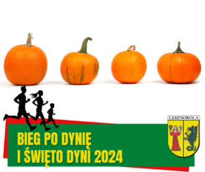4 dynie, biegacze. Na zielonym pasku napis BIEG PO DYNIE I ŚWIĘTO DYNI 2024
