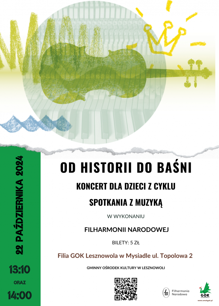 Plakat koncertów dla dzieci. U góry na obrazku znajduje się obrazek gitary.