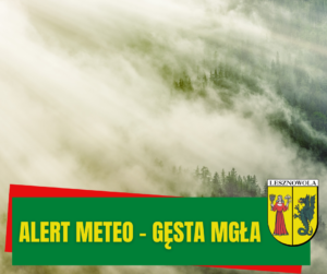 Zdjęcie z lotu ptaka przedstawiające gęstą mgłę nad lasem. Na dole na zielonym pasku napis: ALERT METEO - GĘSTA MGŁA. Obok po prawej herb Gminy.