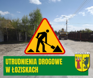 Budowa drogi, znak roboty drogowe. Na zielonym pasku napis UTRUDNIENIA DROGOWE W ŁOZISKACH