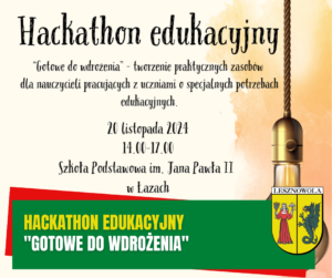 Żółty napis "Hackathon edukacyjny" na zielonym pasku. W tle żarówka