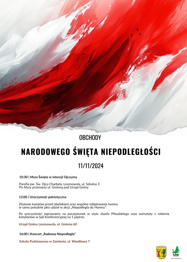 Plakat w kolorystyce biało-czerwonej informujący o programie obchodów Święta Niepodległości