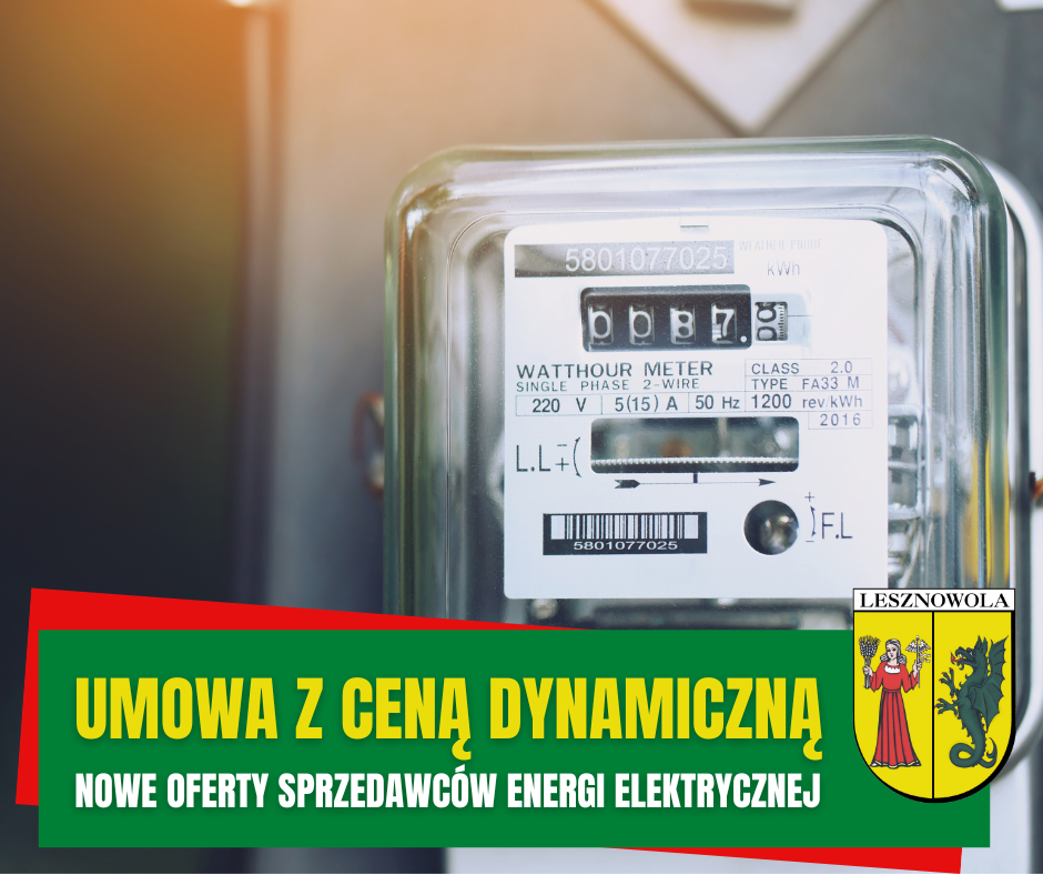 Żółty napis "Umowa z ceną dynamiczną" na zielonym pasku. W tle licznik.