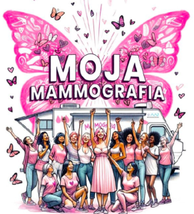 Grafika z kobietami i unoszącym sią nad nimi różowym motylem. Na tle motyla duży napis MOJA MAMMOGRAFIA