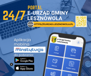 e-Urząd - grafika z telefonem dotycząca usługi, portalu e-Urząd Gminy Lesznowola oraz aplikacji mobilnej mInstytucja