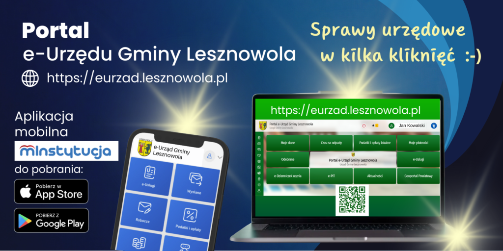 W górnej cześci grafiki napisy (od prawej :Portal e-Urząd Gminy Lesznowola, Załatw sprawę urzędową w kilka kliknięć. Poniżej od lewej grafika przedstawiająca telefon komórkowy oraz grafika przedstawiająca laptp. Na ekranie ;a[topa strona portalu e-Urząd Gminy Lesznowola.