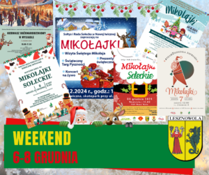 Żółty napis "weekend" i biały napis "6-8 grudnia" na zielonym pasku. W tle plakaty z imprezami.