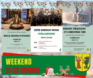 Żółty napis Weekend 21-22 grudnia na zielonym pasku. W tle 3 plakaty.