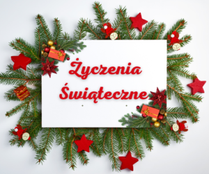 Motyw świąteczny - stroik z białą kartką z czerwonym napisem Życzenia Świąteczne