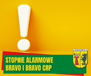 Na żółtym polu biały wykrzyknik. Na dole na zielonym pasku napis: Stopnie alarmowe BRAVO i BRAVO CRP