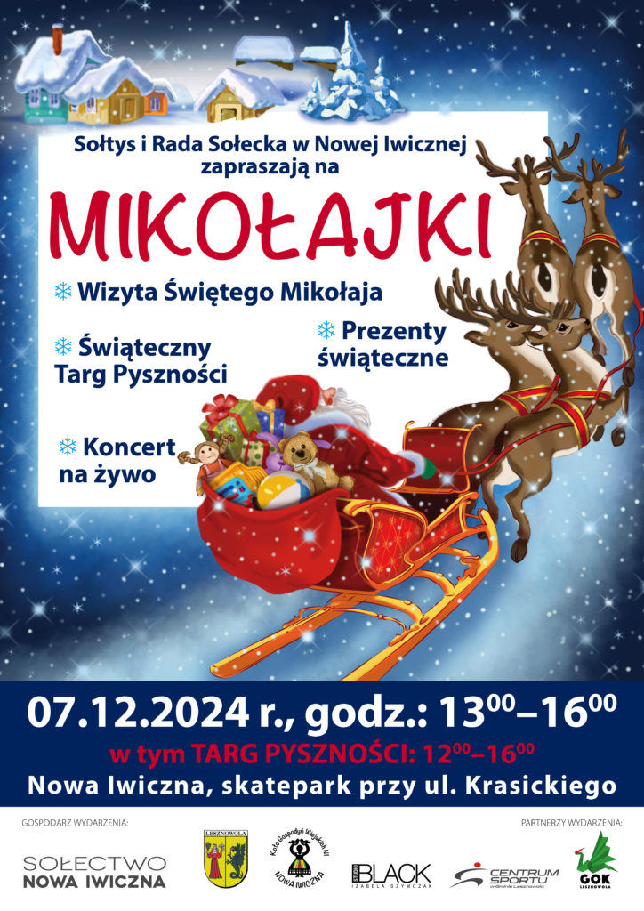 Plakat promujący Mikołajki w Nowej Iwicznej i Targ pyszności