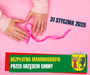 na obrazku widać dłonie na różowym tle a pomiędzy nimi różowa wstążka a pod spodem napis bezpłatna mammografia przed urzędem gminy