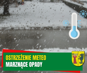 Deszcz, grafika z termomentrem z ujemną temperaturą. Na zielonym pasku napis OSTRZEŻENIE METEO MARZNĄCE OPADY
