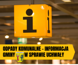 Zdjęcie żółtej kostki z e znakiem "i" Informacja. Na zóltym pasku na dole napis: Odpady Komunalne - Informacja w sprawie uchwały z herbem gminy Lesznowola wkomponowanym w napis.