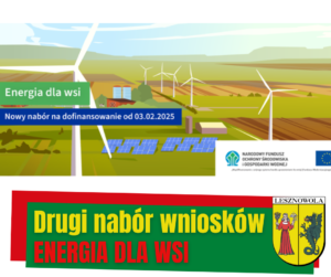 na obrazku widać pola z wiatrakami, a pod spodem jest napis drugi nabór wniosków, energia dla wsi