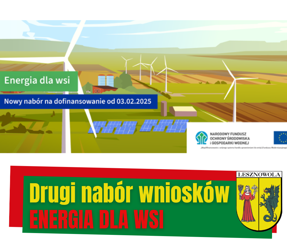 na obrazku widać pola z wiatrakami, a pod spodem jest napis drugi nabór wniosków, energia dla wsi