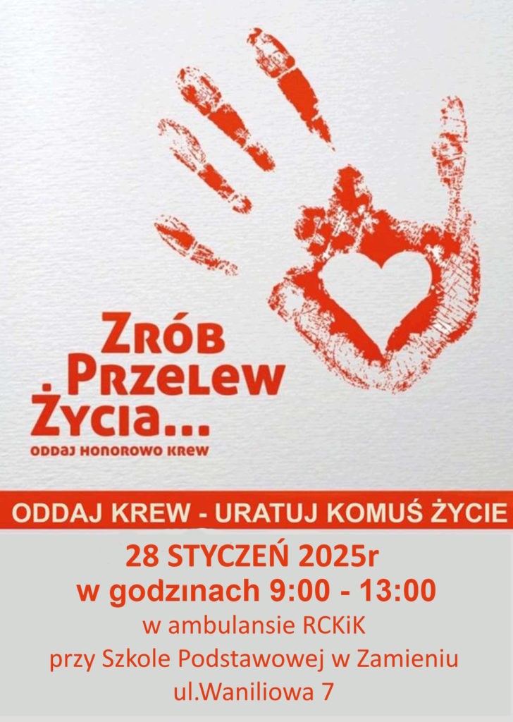 Plakat z odciskiem dłoni promujący zbiórkę krwi.