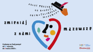 Niebieski obrazek z kolorowymi wstawkami. Elementy tworzą buzię w kształcie serca.