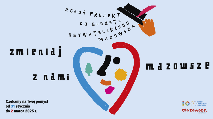 Niebieski obrazek z kolorowymi wstawkami. Elementy tworzą buzię w kształcie serca.