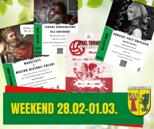 Na obrazku są cztery plakaty informujące o wydarzeniach, które odbędą się w weekend 28.02-01.03