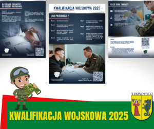 Na obrazku znajdują się trzy plakaty z informacją o kwalifikacji wojskowej na 2025 r.