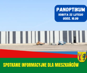 na obrazku widać budujące się w gminie Panoptikum a pod spodem jest napis spotkanie informacyjne dla Mieszkańców Gminy Lesznowola