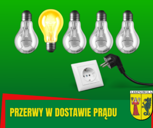 Na obrazku widać cztery żarówki wyłączone i jedną włączoną a pod nimi jest biały kontakt a obok odłączony czarny kabel, pod spodem napis przerwy w dostawie prądu