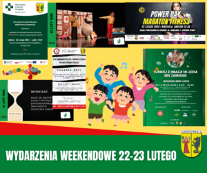 Obrazek przedstawia plakaty informujące o wydarzeniach kulturalnych i sportowych w gminie Lesznowola, które planowane są na weekend 22 i 23 lutego