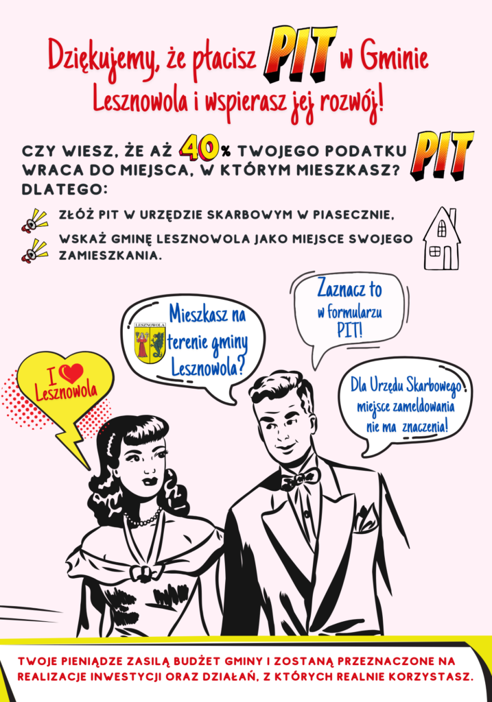 Plakat w stylistyce komikasu na różowym tle zachęcający do płacenia podatku PIT ze wskazaniem gminy Lesznowola jako miejsca zamieszkania. terenie Gminy lesznowola