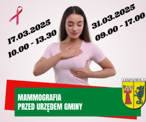 Na środku obrazku stoi Pani i pokazuje jak badać piersi, a po dwóch stronach są daty 17 i 31.03.2025 a pod spodem jest napis Mammografia przed urzędem gminy