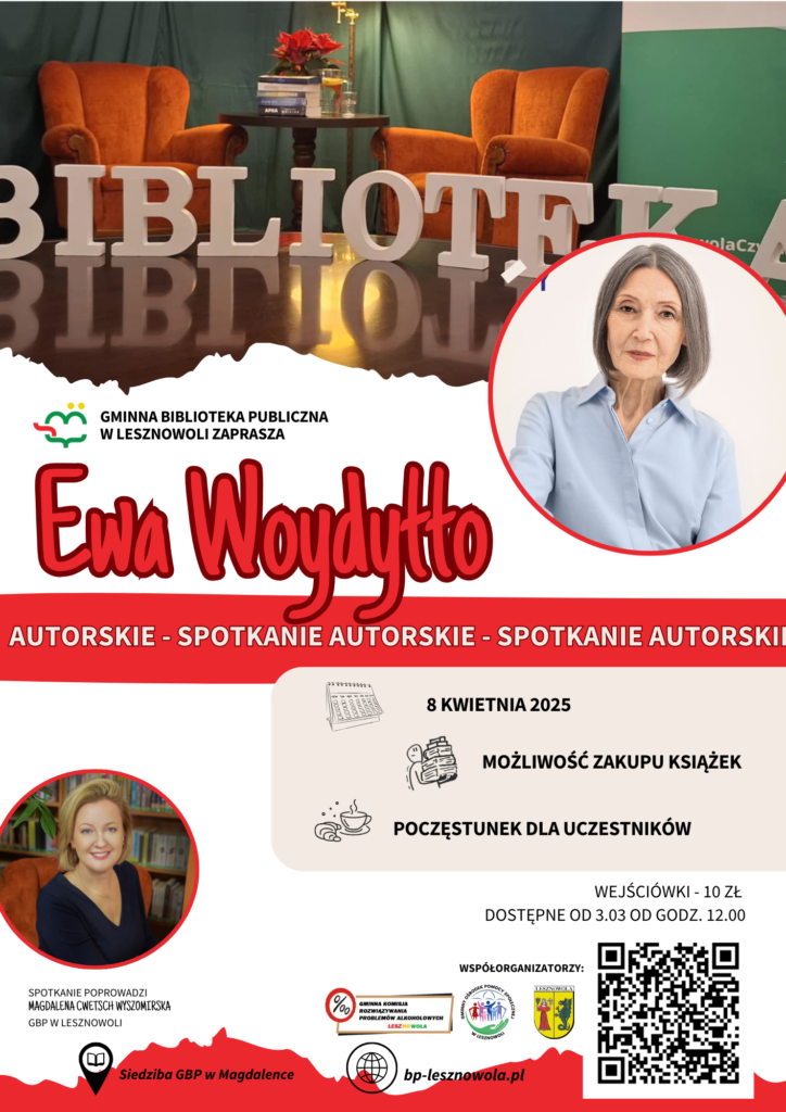 Plakat promujący spotkanie autorskie z Ewą Woydyłło