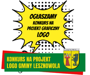 Na żółtym polu w kształcie komiksowego dymku rozmowy napis: Ogłaszamy konkurs na projekt graficzny logo