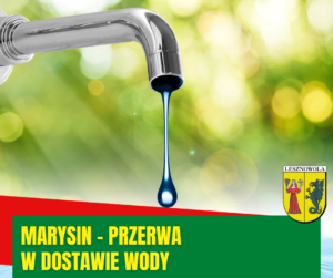 Na obrazku jest widoczny kran z którego leci kropla wody, a pod spodem jest napis Marysin - przerwa w dostawie wody