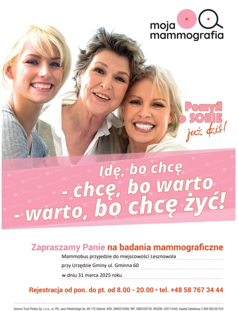 3 uśmiechnięte kobiety. Plakat promujący bezpłatną mammografię 31 marca godz. 9.00-17.00 parking przy Urzędzie Gminy Lesznowola